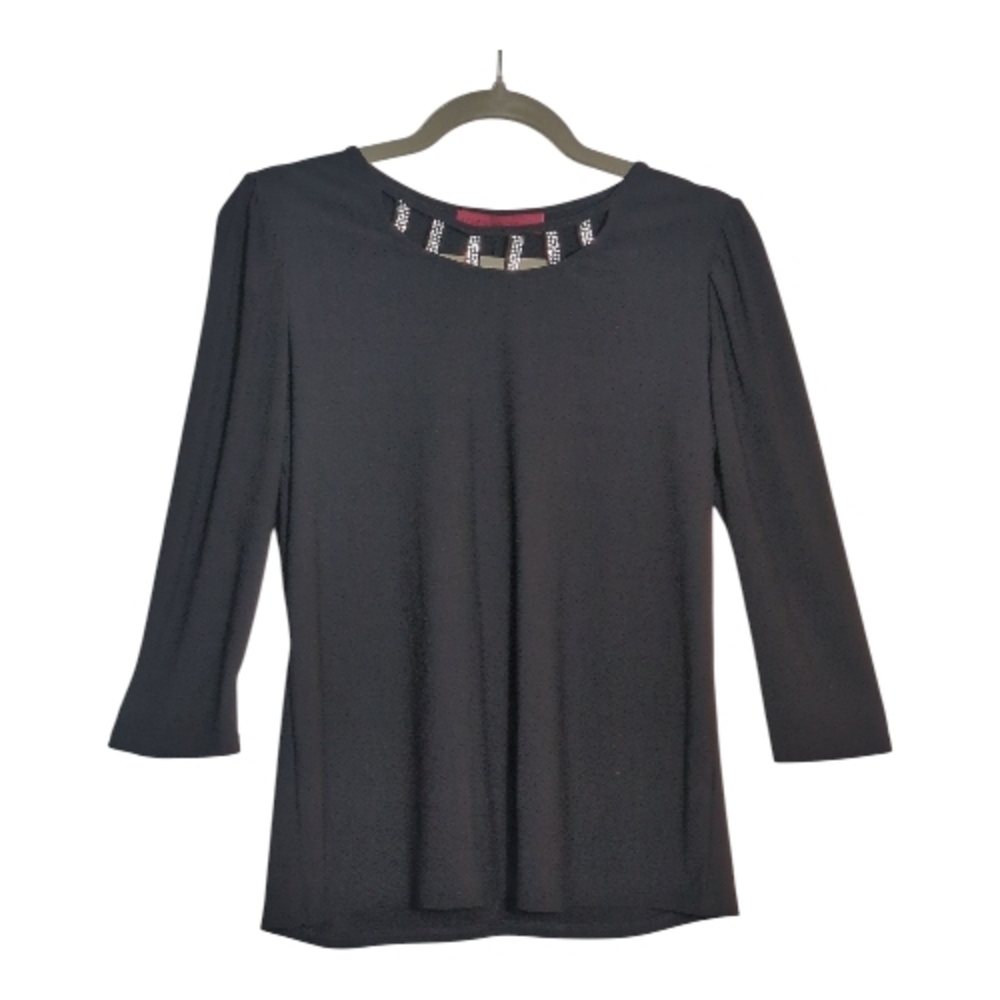 Love Scarlet Small Black Knit Rhinestone Embellished NecklineShirt Goth Romantic